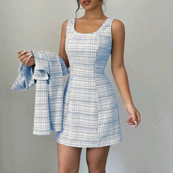 Women's Plaid Print Button Front Long Sleeve Jacket & Round Neck 2 peice set - Picture 4 of 4